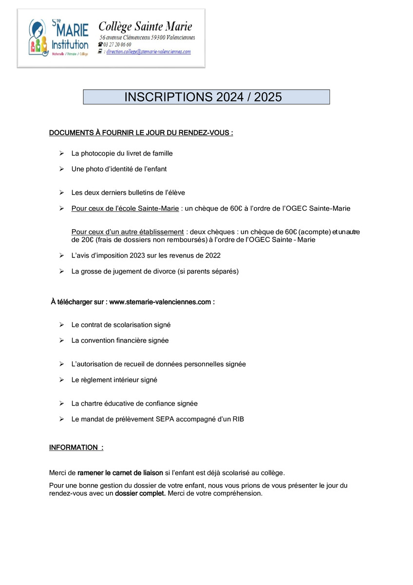 DOCUMENTS D'INSCRIPTION 2024-2025